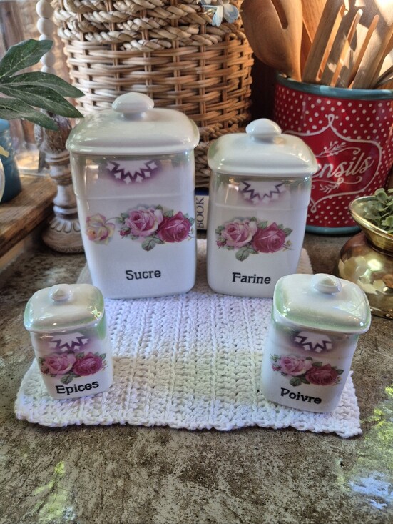 Other - 4pc Vtg  French Ceramic Pink Rose French Sucre, Farine, Épices, Poivre Canisters